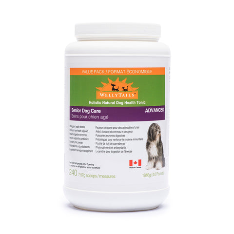 WellyTails Senior Dog Care Advanced, 240 scoops, white container with purple and green labels, featuring a dog illustration.