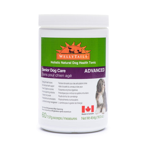 WellyTails Senior Dog Care ADVANCED supplement container, white with green and red labels, 454g size, made in Canada.