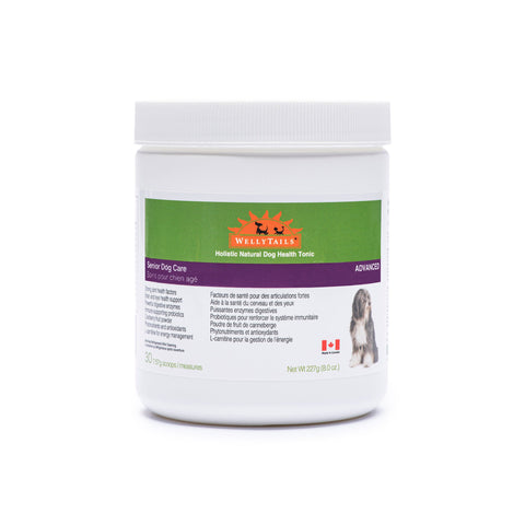 WellyTails Senior Dog Care Advanced, a white container with a green label, 30 servings, for dog health support.