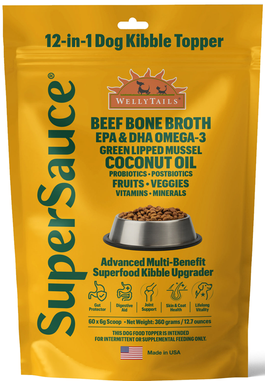 Supersauce WellyTails 12-in-1 Dog Kibble Topper package on a white background