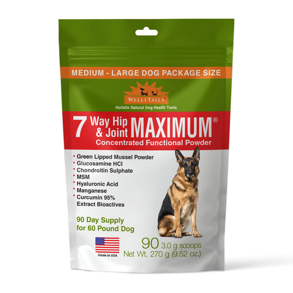 WellyTails 7 Way Hip & Joint MAXIMUM dog joint supplement pouch, 270 g, Medium to Large dog size, 90-day supply for a 60 lb dog, Made in USA