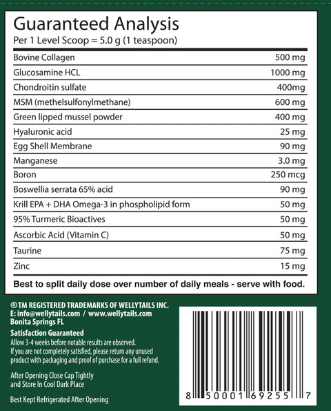 WellyTails Dog Cartilage Joint & Ligaments supplement label with nutritional information and ingredients listed on a green bac...