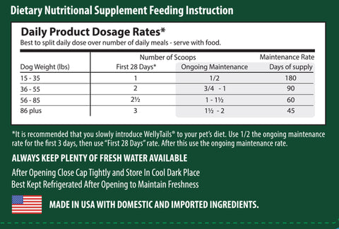 WellyTails Dog cartilage joint supplement feeding instructions with dosage rates for dogs, including scoop measurements and st...
