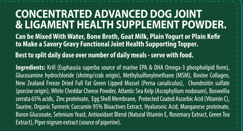 WellyTails Dog advanced joint supplement ingredients list, featuring marine extracts, glucosamine, and various vitamins.
