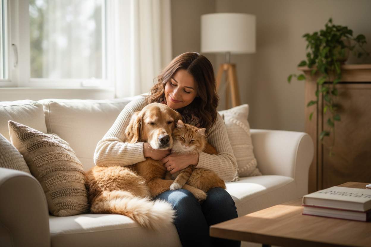 a woman hugging two pets, a cat and a dog