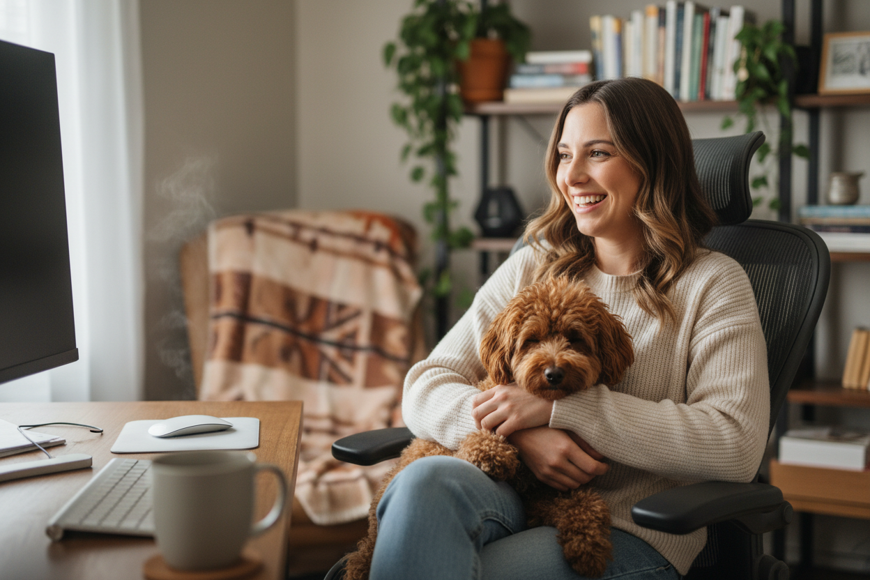 a woman sitting in front a computer smiling, and in her lap is a brown poodle