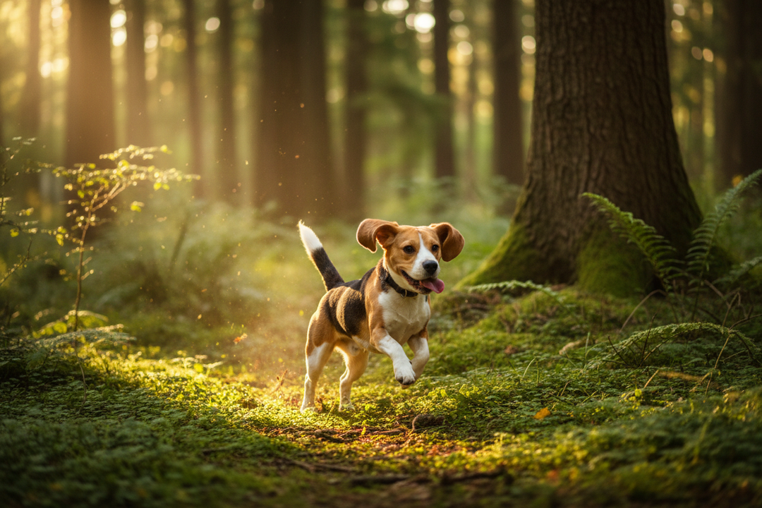 an active beagle dog running tru forest