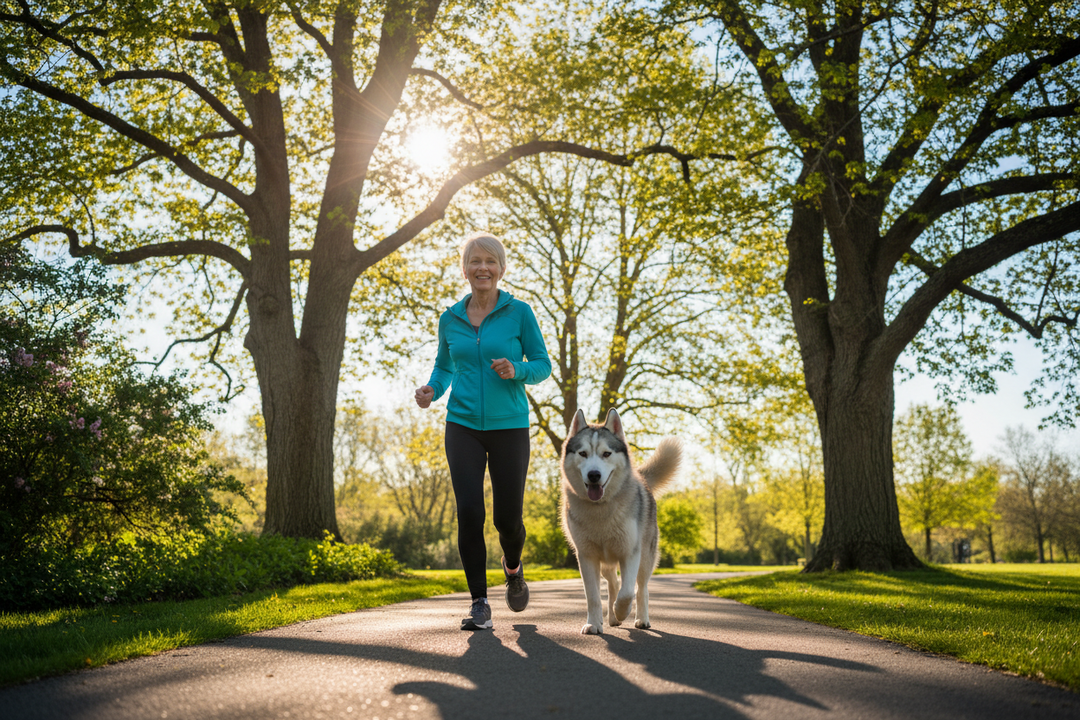 an active older woman running with her dog in a park, in a sunny day, her dog is a huskee