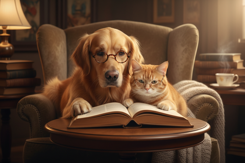 dog and cat with glasses reading