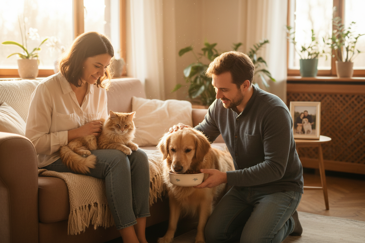 mujer y hombre con perro y gato alimentandolos y acariciandolos