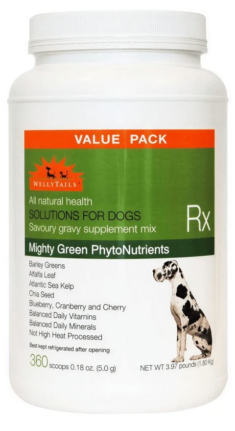 WellyTails Mighty Green phytonutrients supplement for dogs in a white container with a green label and a dog silhouette.