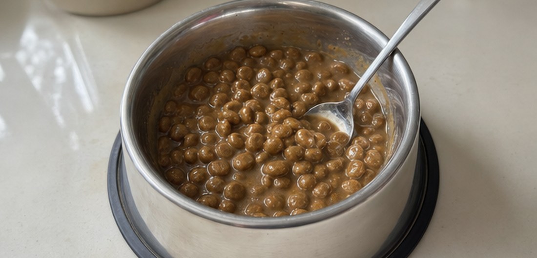 Powder stirred through kibble into a soup