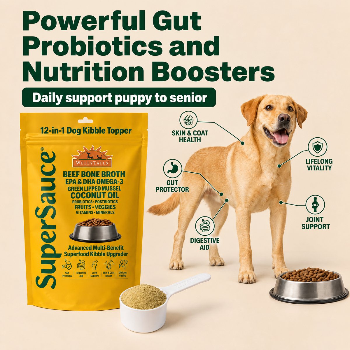 Five daily supports: gut protector, digestive aid, joint support, skin and coat health, lifelong vitality