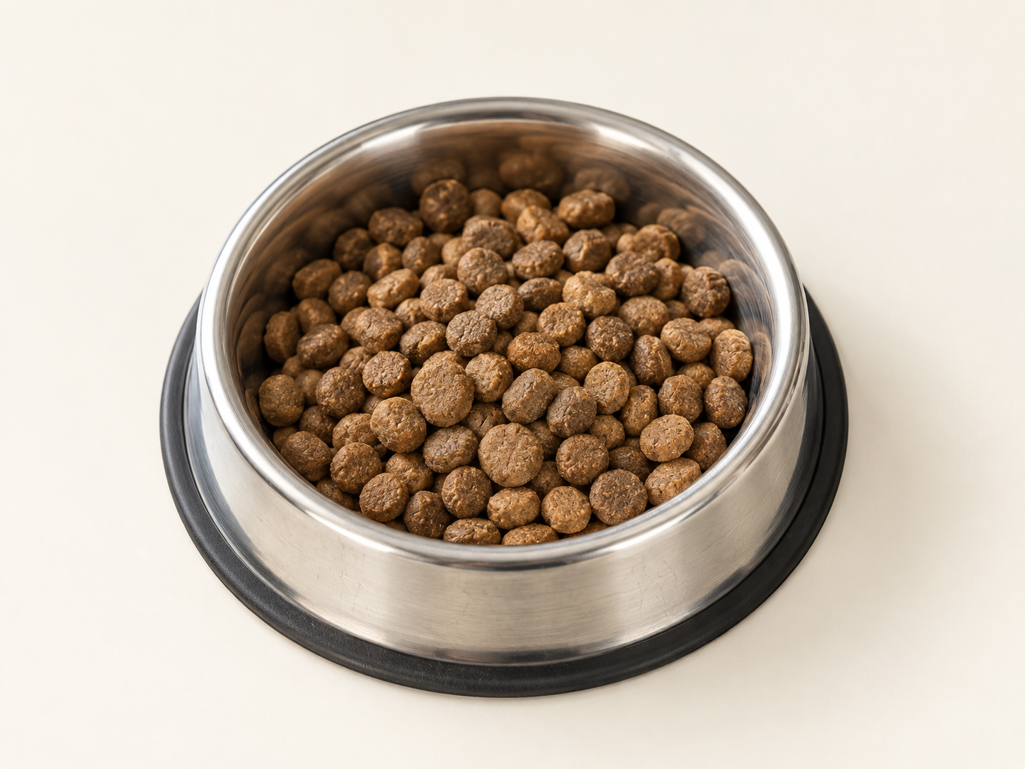 Plain kibble in an unbranded bowl