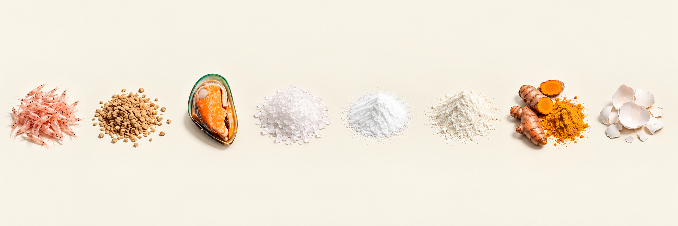 Krill, broth, mussel, MSM, taurine, zinc, turmeric and eggshell